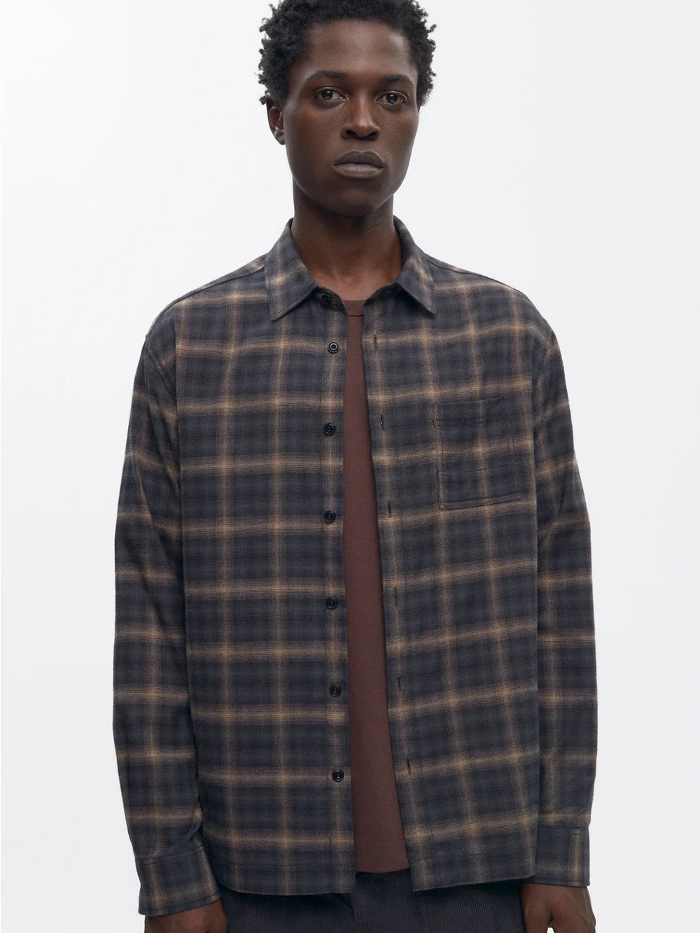 KOTN Plaid Button-Down Shirt in Dark Gray and Brown